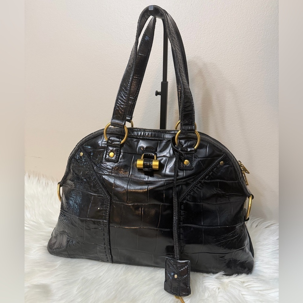 Yves Saint Laurent Black Croc-Embossed Shoulder Bag